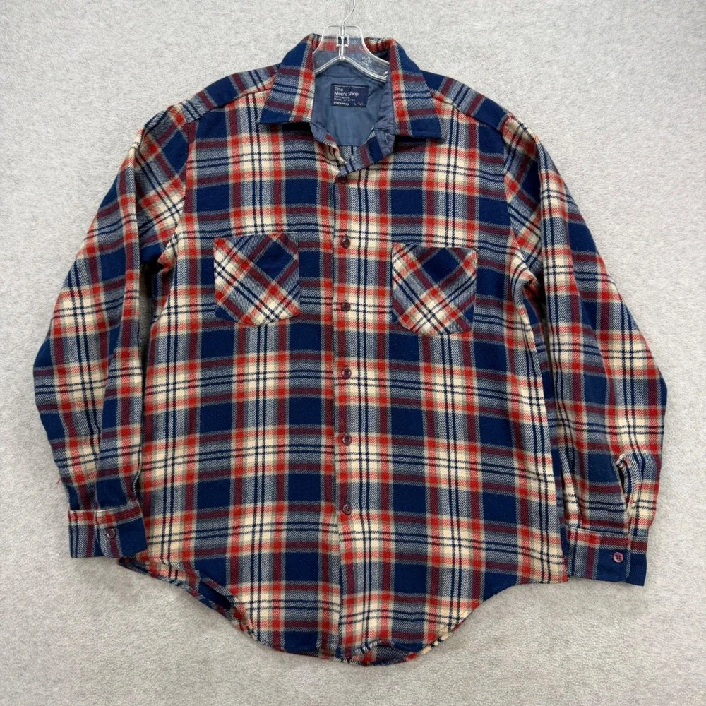 Vintage JC Penney Flannel Shirt Mens Large Tall Blue Red Plaid‎ Retro Acrylic